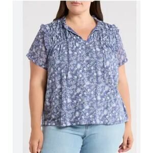 Lucky Brand Peasant Top Womens Size 1X Blue Floral Smocked Modal Cotton Flowy